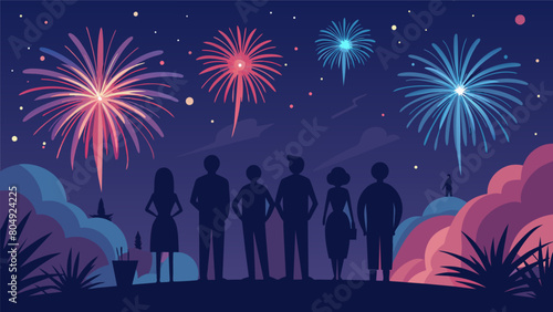 From afar you can see the faint silhouettes of the crew illuminated by the vibrant lights of the fireworks a true labor of love.. Vector illustration