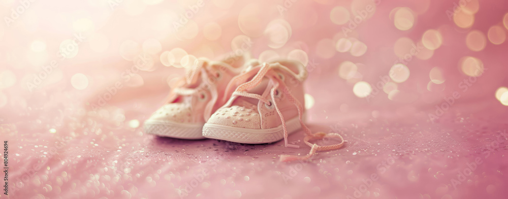 Cute pink baby sneakers placed on a glittery pink surface with soft, dreamy bokeh lights. Cute pink baby sneakers placed on a glittery pink surface with soft, dreamy bokeh lights.