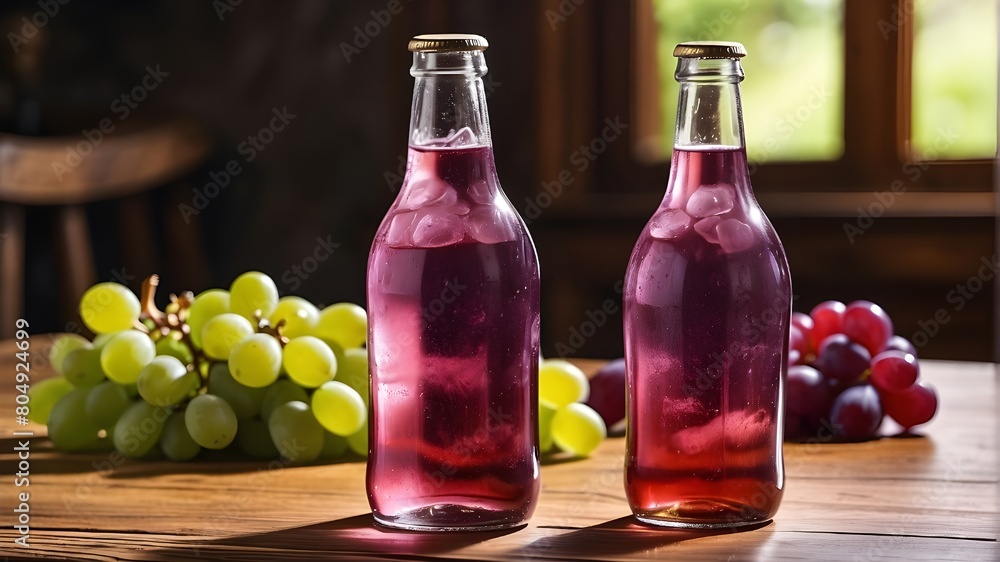 A chilled glass bottle of grape soda resting on a wooden surface- A chilled glass bottle of grape soda resting on a wooden surface-