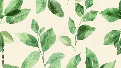 A seamless botanical watercolor illustration featuring a variety of green leaves, perfect for backgrounds, textiles, and eco-friendly concepts