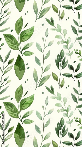 A seamless botanical watercolor illustration featuring a variety of green leaves, perfect for backgrounds, textiles, and eco-friendly concepts © MiniMaxi