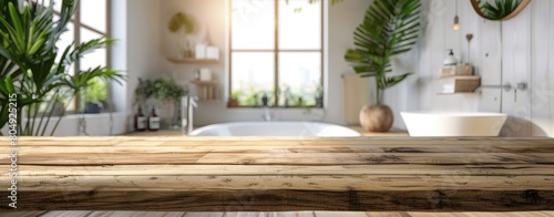 Empty marble top table with blurred bathroom interior Background. for product display montage