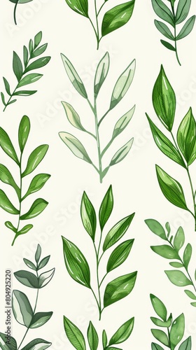 A seamless botanical watercolor illustration featuring a variety of green leaves  perfect for backgrounds  textiles  and eco-friendly concepts