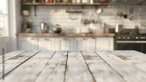 Wood table top on blur kitchen room background .For montage product display or design key visual layout.