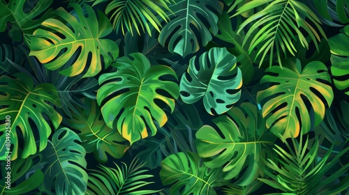 An abstract representation of lush tropical foliage  creating a dense green botanical wallpaper