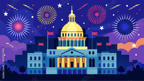 As the evening settles the Capitol Building is engulfed in a colorful frenzy of fireworks that light up the horizon.. Vector illustration