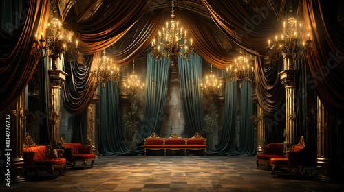 Backdrops of Fantastic Theatre Backstage Wall With Ornamental Design And Chandelier Gold Curtain Old Trunks Background
