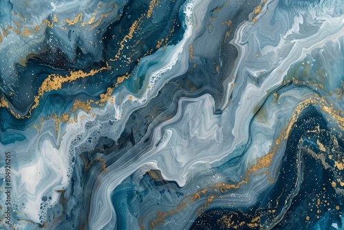 A  surface made of blue and gold colors, in the style of marble stone or paint colors ink mixing fluid. © MeSSrro