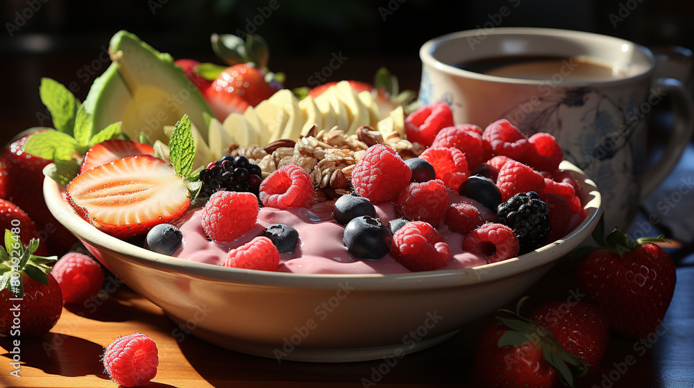 A Delicious Smoothie Bowl Filled with Colorful Fruits and Nuts With Background Blur A Delicious Smoothie Bowl Filled with Colorful Fruits and Nuts With Background Blur