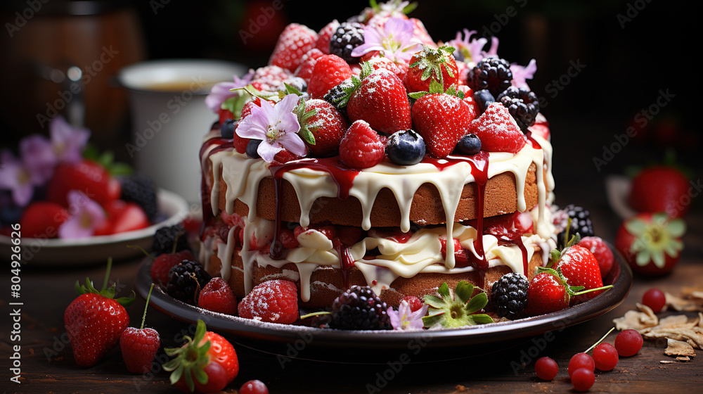 A Delicious Cake With Strawberries On Blurry Background A Delicious Cake With Strawberries On Blurry Background