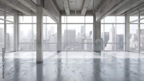 An empty loft-style room with a modern concrete floor and large windows offering a city view
