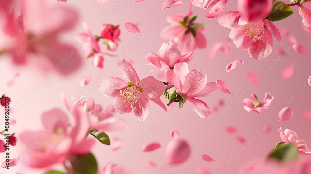 Beautiful fresh quince blossoms with delicate pink flowers falling in the air, isolated on a pink background Beautiful fresh quince blossoms with delicate pink flowers falling in the air, isolated on a pink background