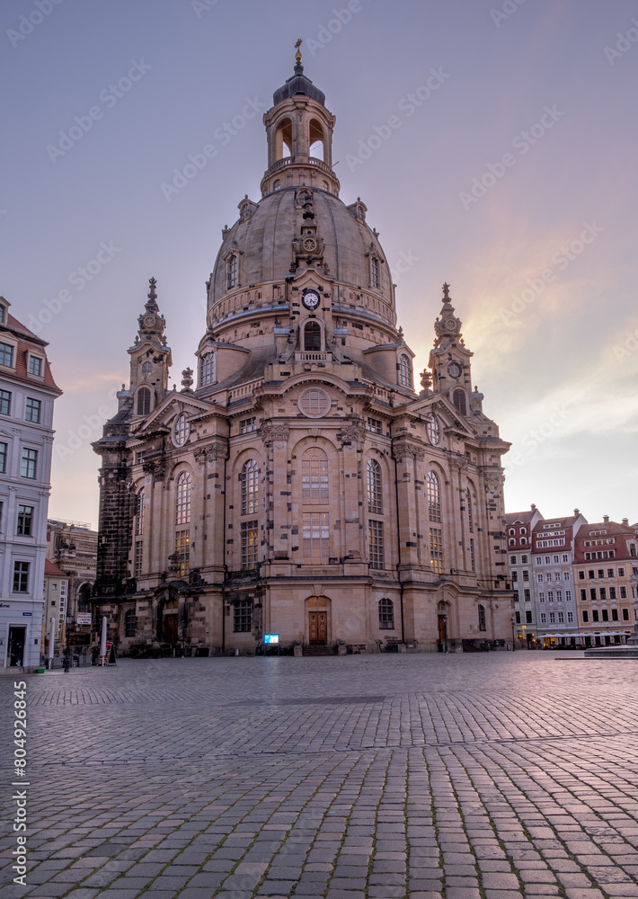 Frauenkirche Dresden,Germany.Sunrise and view of the old town square and church.