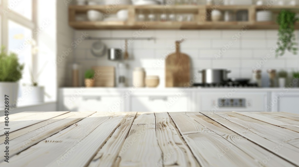 Wood table top on blur kitchen room background .For montage product display or design key visual layout. Wood table top on blur kitchen room background .For montage product display or design key visual layout.