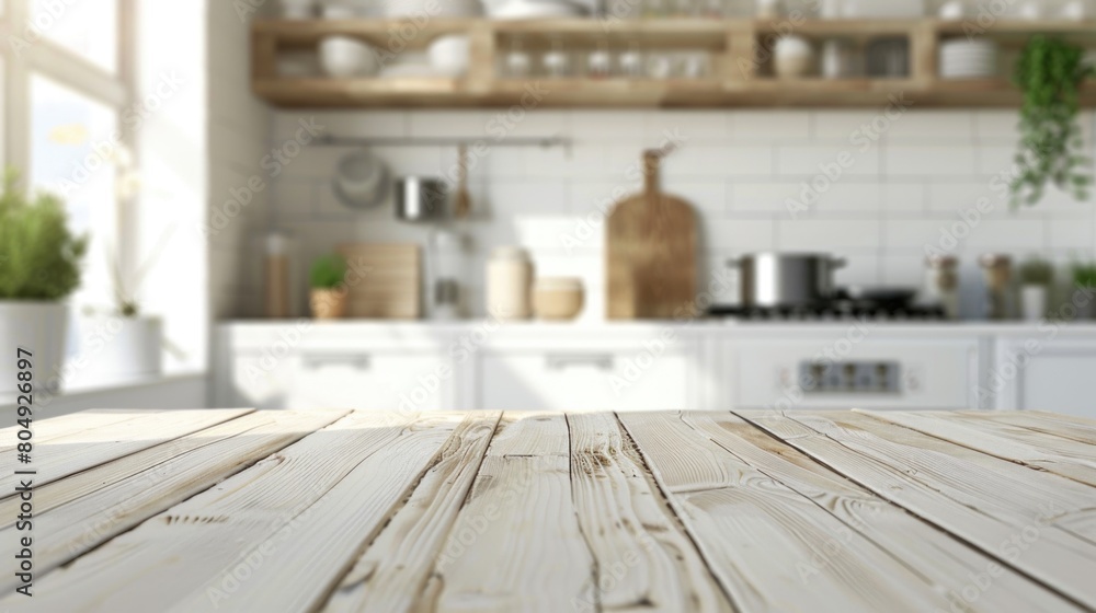 Wood table top on blur kitchen room background .For montage product display or design key visual layout.