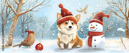 New Year card with a cute Christmas corgi in a warm hat sitting with a snowman and a bird in a winter snowy park