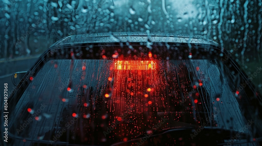 Obraz premium A dynamic scene capturing heavy rain and hail pelting a car's roof, with splashes and ice fragments captured in motion blur