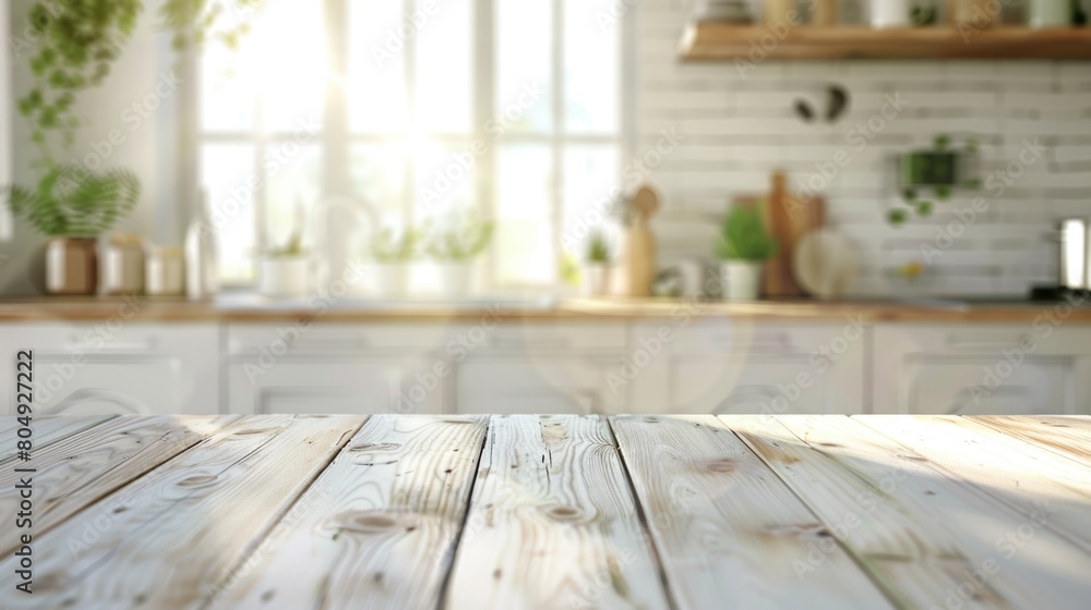 Wood table top on blur kitchen room background .For montage product display or design key visual layout. Wood table top on blur kitchen room background .For montage product display or design key visual layout.