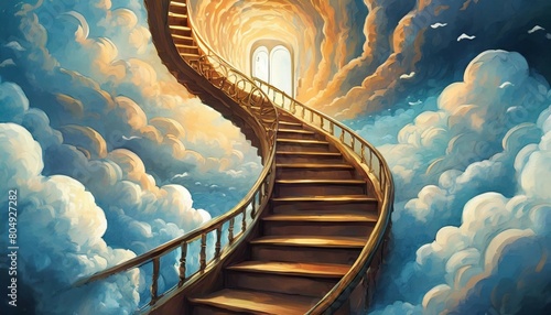 A staircase spiraling endlessly into the clouds, with doors on each step leading to unknown photo