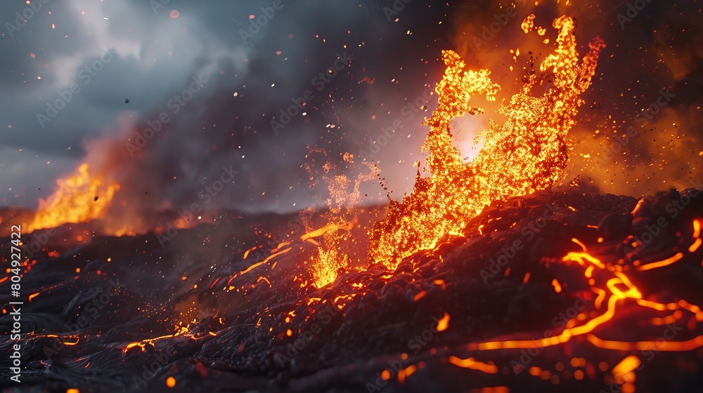 Lava bursts energetically from the crater of a volcano, a dynamic display of Earth's geothermal power Lava bursts energetically from the crater of a volcano, a dynamic display of Earth's geothermal power