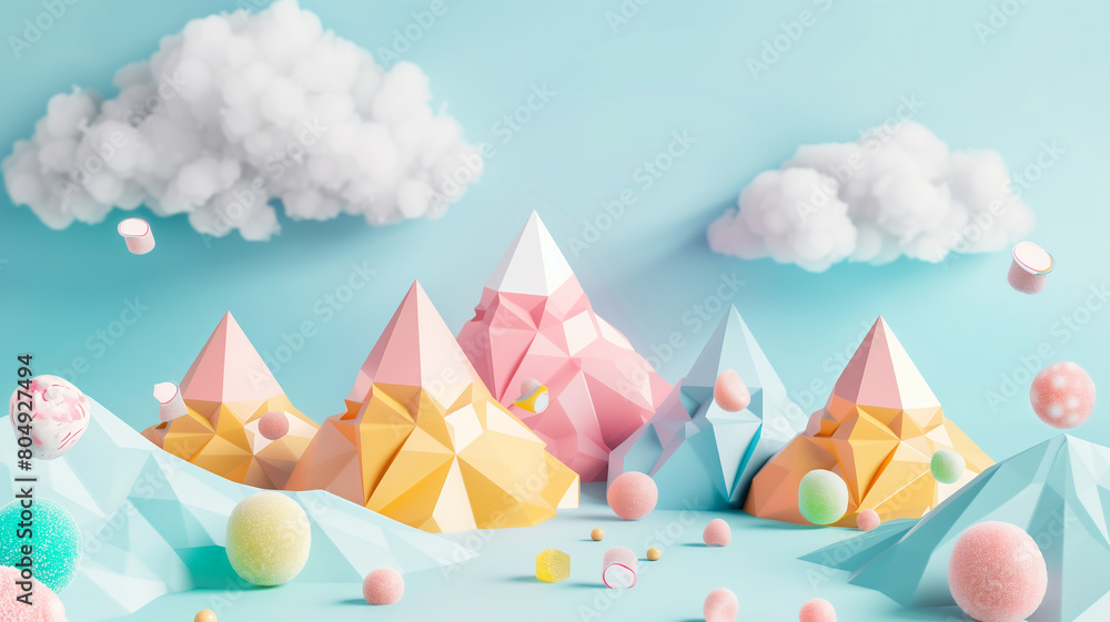 This is a 3D rendering of a whimsical landscape. There are pastel colored mountains and clouds, and the ground is covered in snow. The scene is very calming and peaceful.