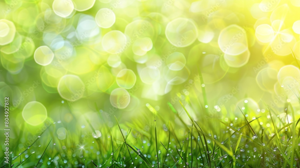 Lush green grass glistens with morning dew drops against a softly blurred bokeh background