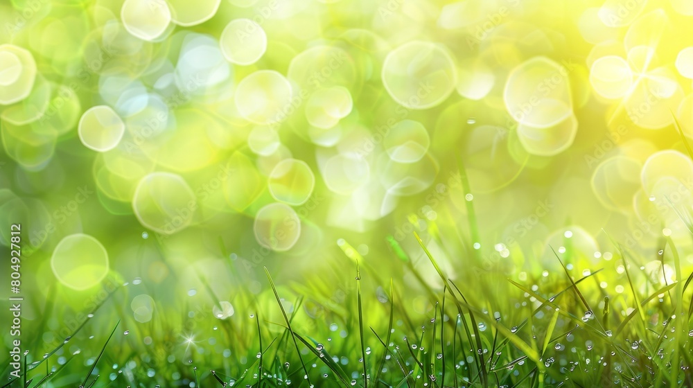 Obraz premium Lush green grass glistens with morning dew drops against a softly blurred bokeh background