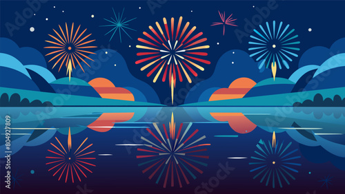 A mesmerizing reflection of the fireworks in the lake creating a mirror image of the spectacular celebration of Independence Day.. Vector illustration