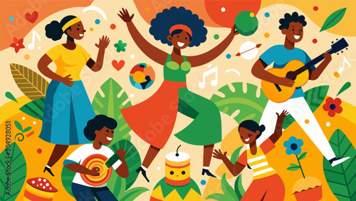 A mural filled with vibrant images of music dance and food celebrating the joy and resilience of the Juneteenth community and their rich cultural. Vector illustration