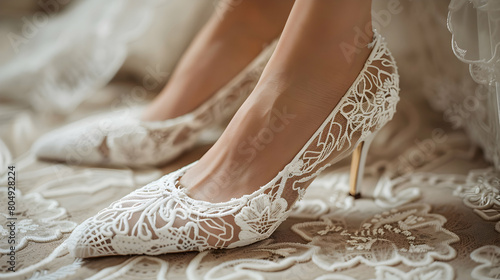 Close-up shots focusing on intricate lace details of wedding shoes for bridal footwear in wedding theme