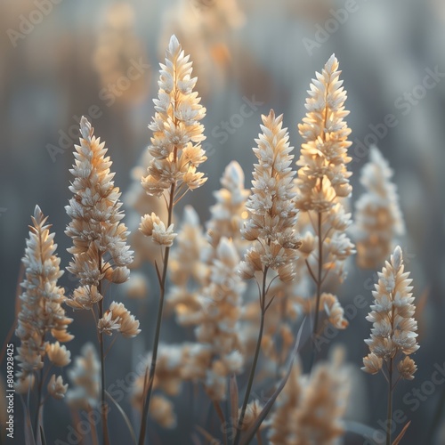 Close-up objects of rice grain flowers and wheat with a detailed and very clear texture during the golden hour
