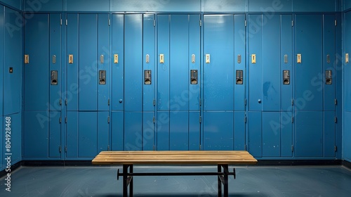 Blue metal storage lockers with an accompanying wooden bench are situated in a locker area, with various doors in different states of open or closed. copy space for text. photo