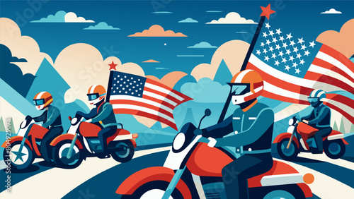 Decked out in stars and stripes gear the riders in this Independence Day motorcycle rally rev their engines with pride all united in their support for. Vector illustration