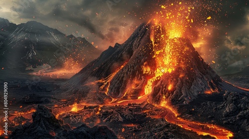 A powerful and awe-inspiring scene of a volcanic eruption, with smoke and ash billowing into the sky.