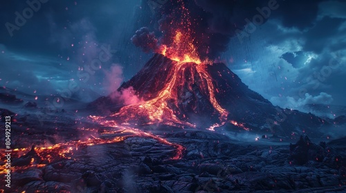 A visually striking scene of a volcano eruption at night  with glowing lava flowing in the darkness  creating an ominous atmosphere.  