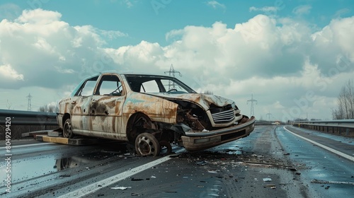 A wrecked car being transported on a tow truck along a highway after a severe accident, depicting the aftermath of road collisions.