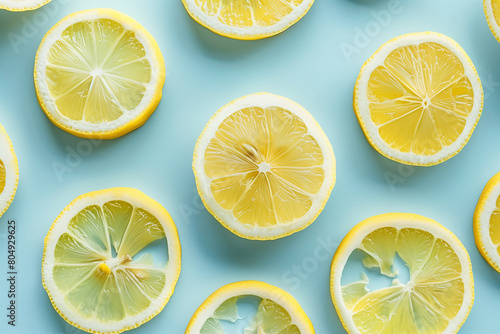 Lemon slices are on a pastel light blue background, There is space for inserting text, advertising photos