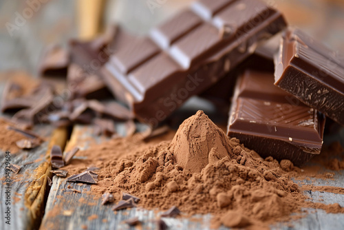 Cocoa powder or chocolate powder and chocolate bar, World Chocolate Day