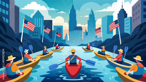 In the midst of a bustling city a group of kayakers take to the river their boats decorated with small but mighty American flags that catch the eye of. Vector illustration