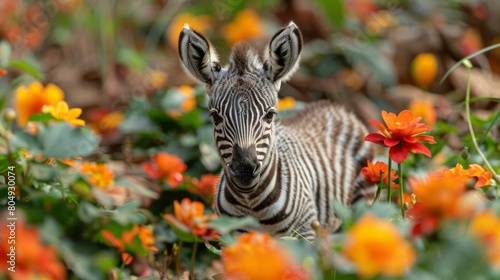 cute little zebra in a flower garden