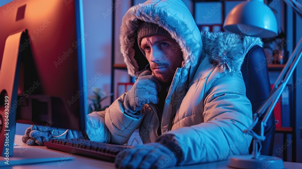 Fototapeta premium Freezing man in warm jacket and gloves working at computer in office. Unhappy warmly dressed businessman freezing in office since heating problems. copy space for text.