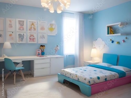 interior of a bedroom. Little kids Bedroom trend 2024 year. Modern luxury room interior home or kids room.3d render