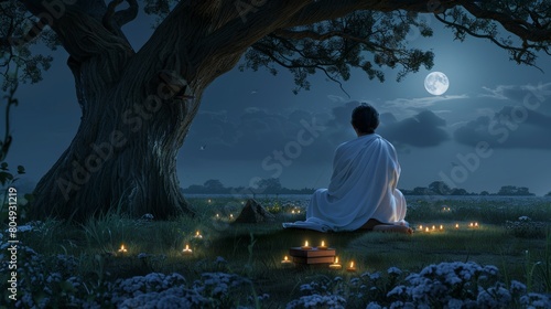 Indian guru in white clothes meditates under a tree with moonlight. Night scene with Indian guru and oil lamps for spirituality. photo