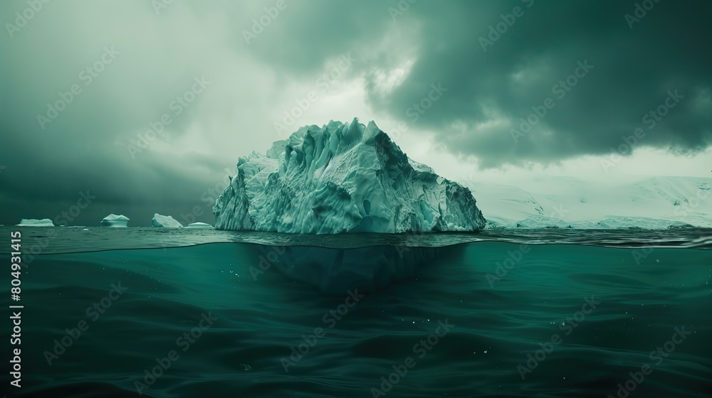 Iceberg in ocean. Hidden threat or danger concept. Central composition. Toned green. copy space for text. Iceberg in ocean. Hidden threat or danger concept. Central composition. Toned green. copy space for text.