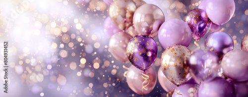 Festive purple and gold balloons with glitter and light bokeh for a luxurious celebration atmosphere.