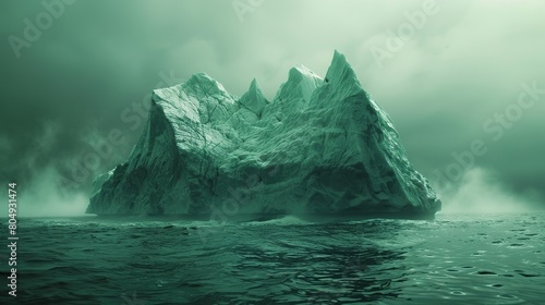 Iceberg in ocean. Hidden threat or danger concept. Central composition. Toned green. copy space for text.