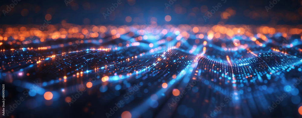 Close-up image showcasing the intricate details of fiber optic technology with glowing lights and vibrant colors.