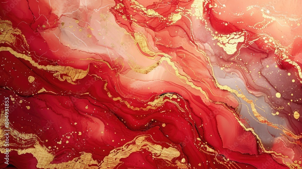 red watercolor background with Golden shiny and Liquid marble texture