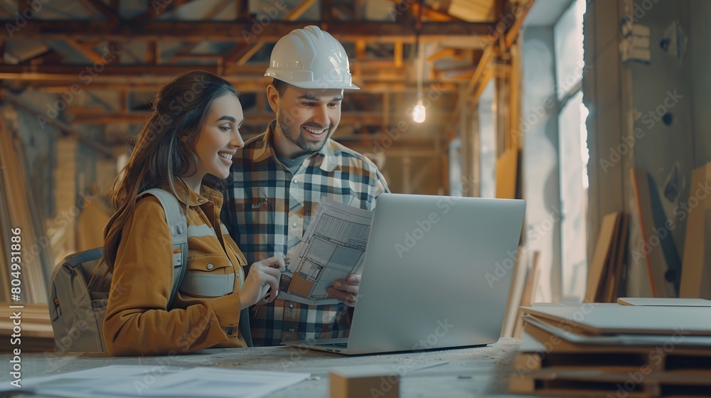 Man builder, architect or construction worker in a hardhat and uniform workwear meeting with a happy young woman and showing her a house building plan on a modern laptop computer. Man builder, architect or construction worker in a hardhat and uniform workwear meeting with a happy young woman and showing her a house building plan on a modern laptop computer.