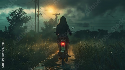 Back view of girl going towards motorbike, dark light photography photo